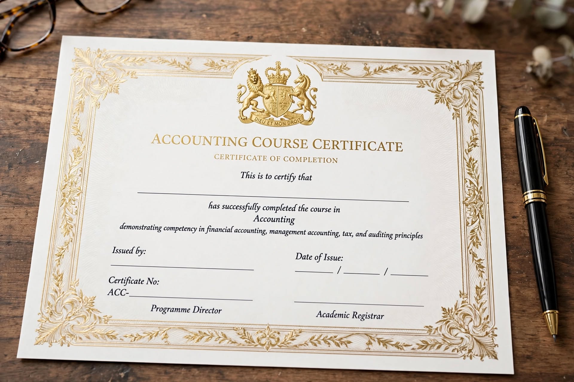 An engraved accounting course certificate of completion on a desk