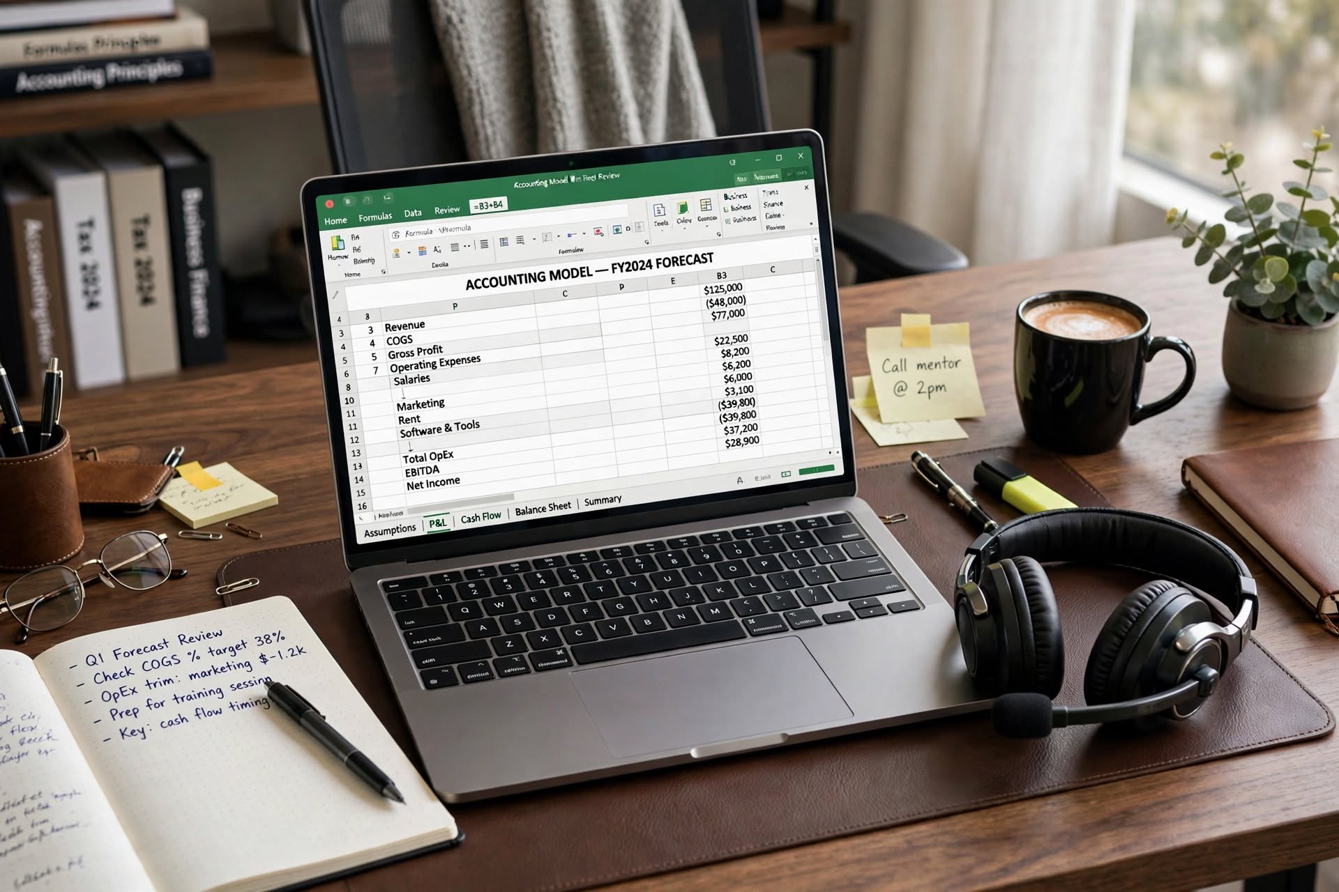 Laptop showing a financial forecast model with accounting study texts alongside