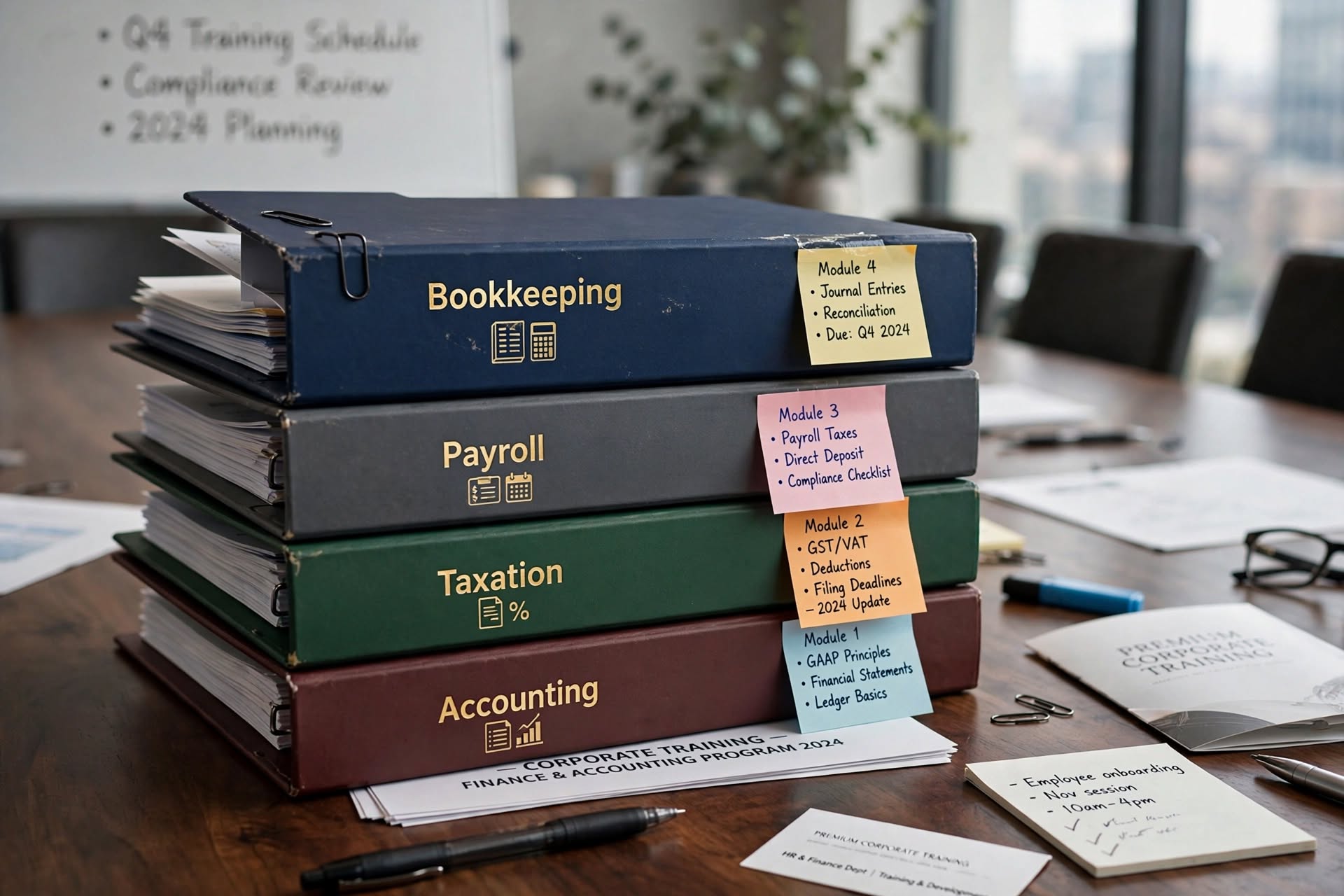 Corporate training folders for bookkeeping, payroll, taxation and accounting modules on a boardroom table