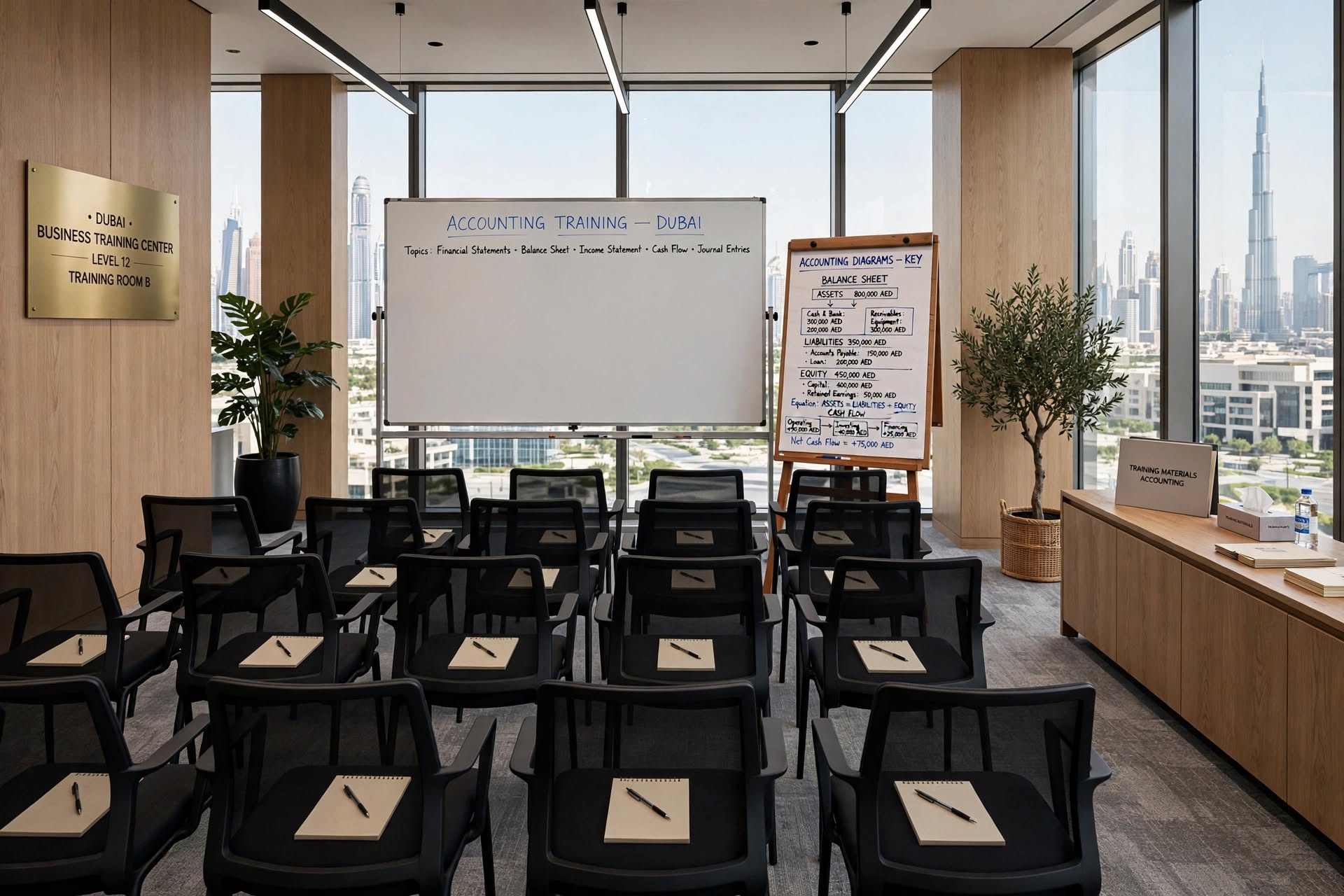 Accounting training room in Dubai prepared for a session, with financial statements worked through on the boards