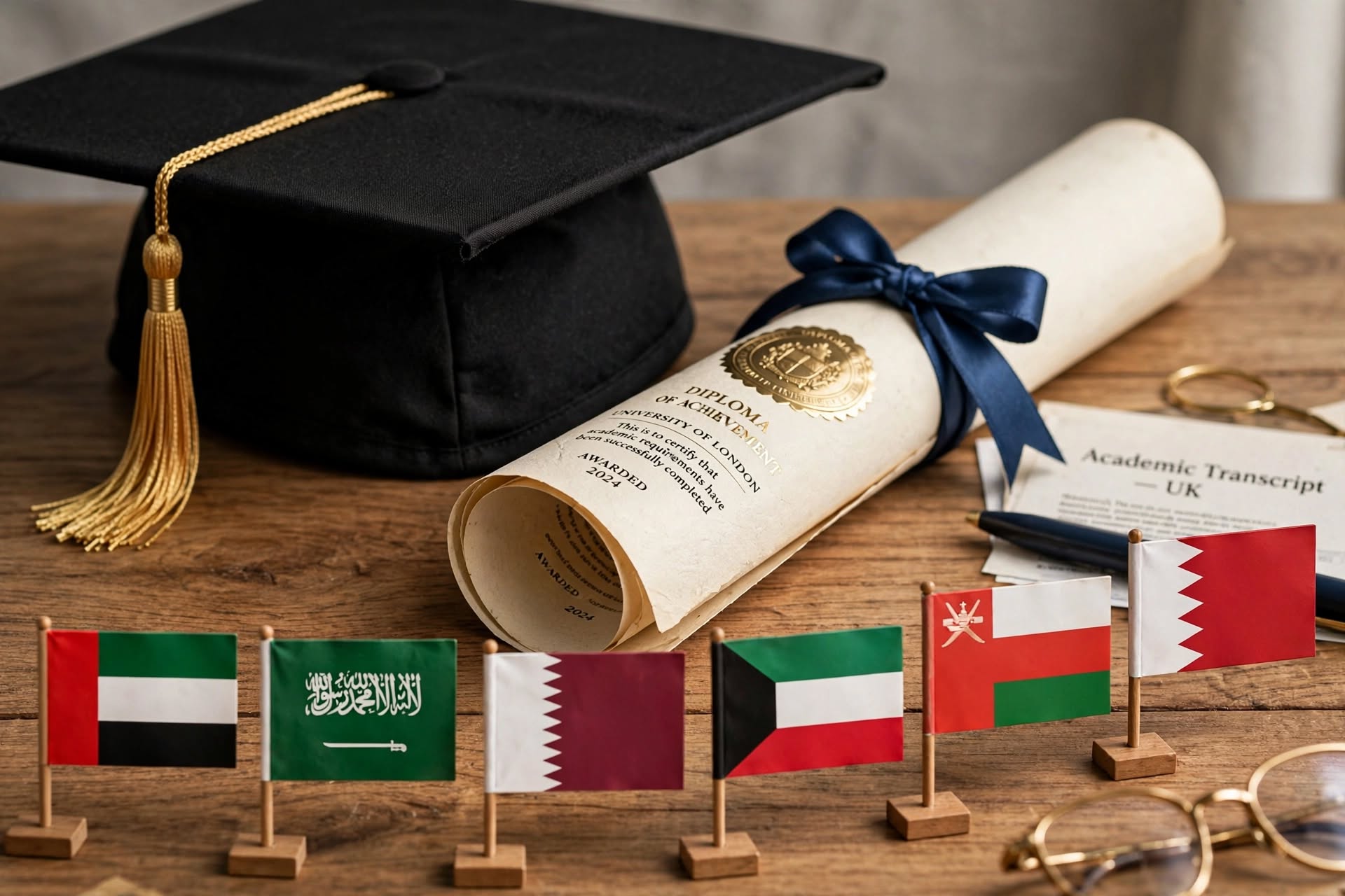 Graduation cap and diploma beside the flags of the six GCC states and a UK academic transcript