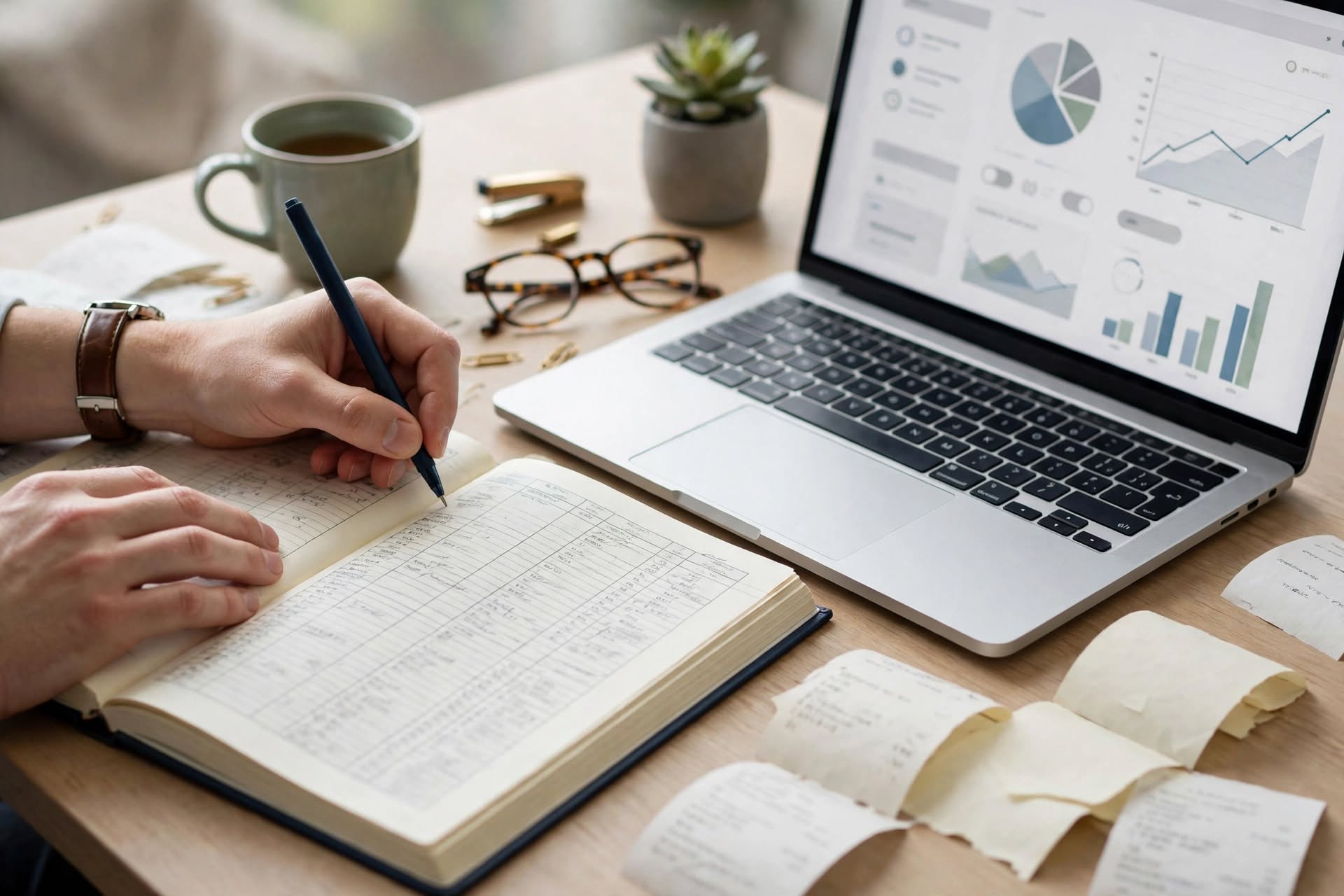 Hands writing entries into a bookkeeping ledger beside a laptop and receipts