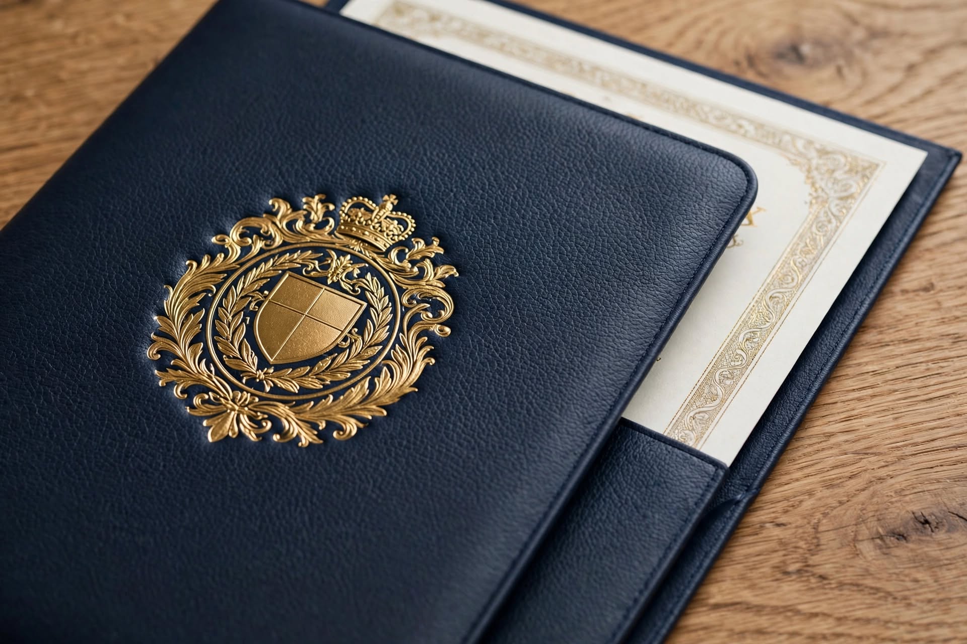 A navy certificate folder with a gold crest, holding an issued certificate