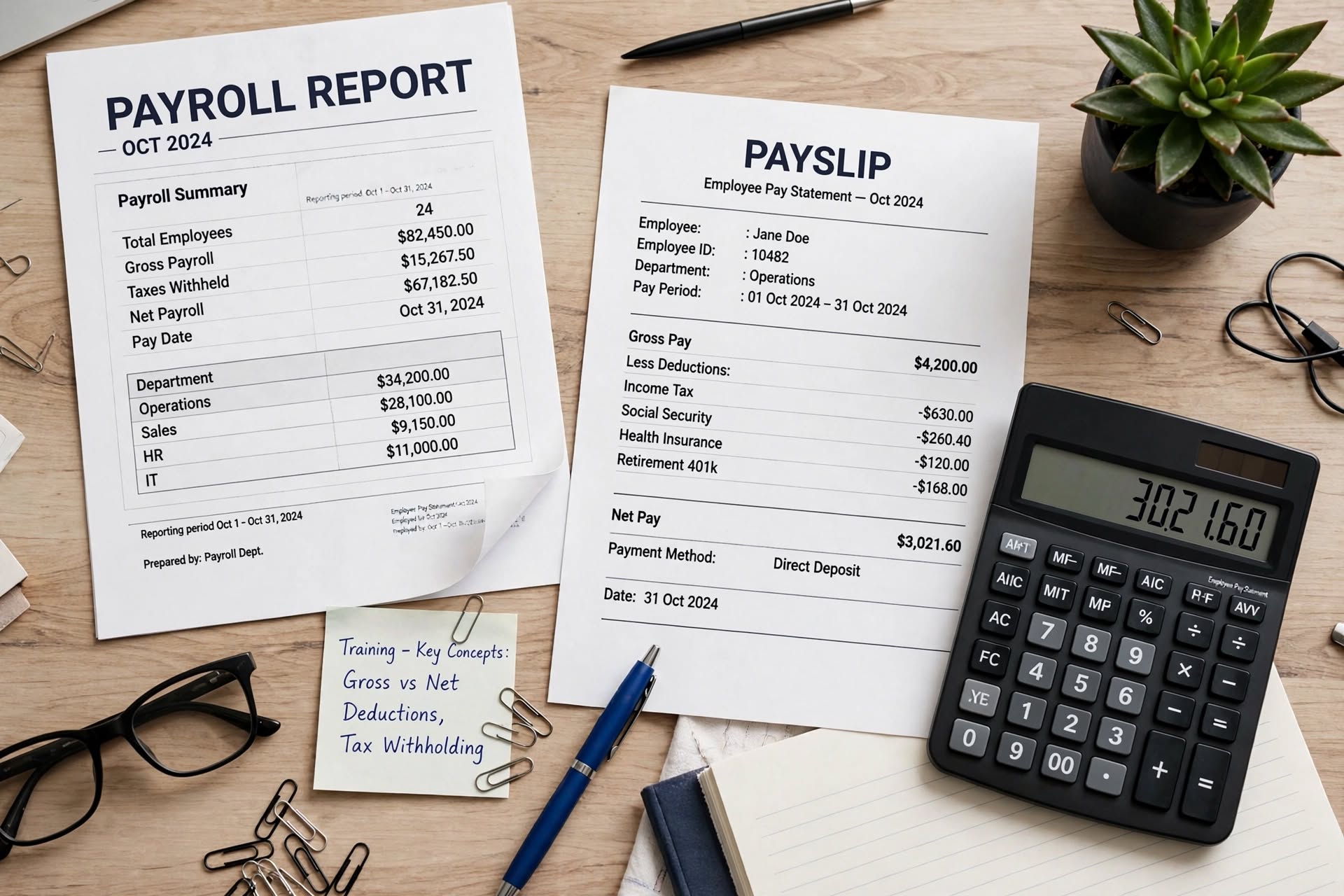 Payroll report and payslip with a calculator, used as teaching material