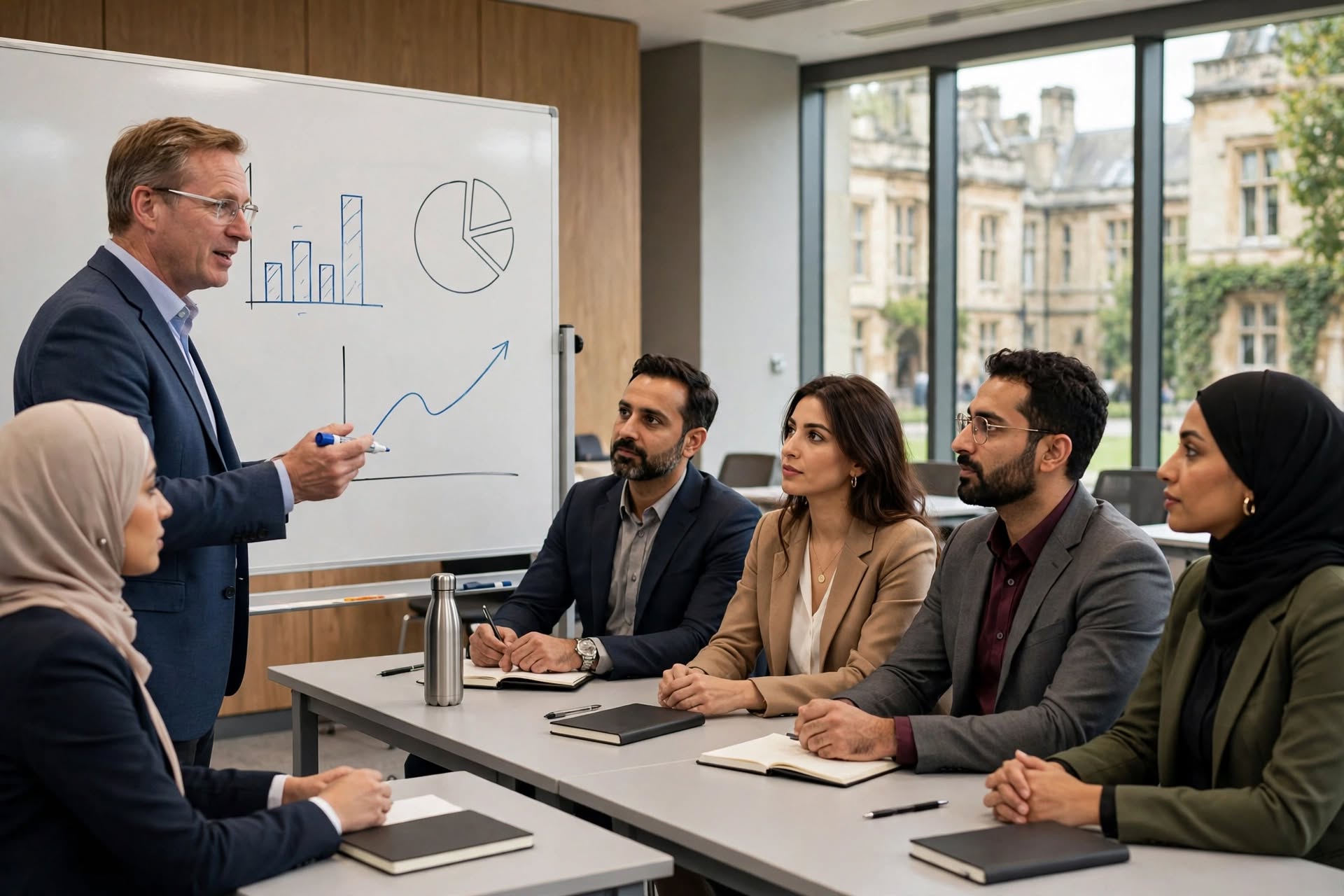 UK trainer teaching financial analysis to Middle Eastern finance professionals in a university seminar room